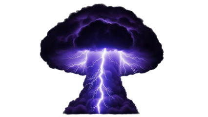 Dramatic purple lightning storm cloud PNG isolated on transparent background, powerful weather phenomenon for design and compositing