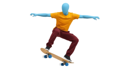 Blue mannequin skateboarding isolated PNG on transparent background, yellow shirt and maroon pants, freestyle trick for sports and fashion
