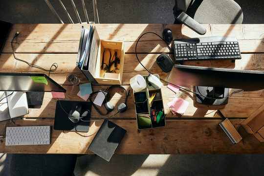 Directly above shot of office supplies kept on desk