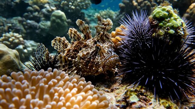 Close up underwater shot of a stonefish camouflaged amongst vibrant coral reefs and sea urchins