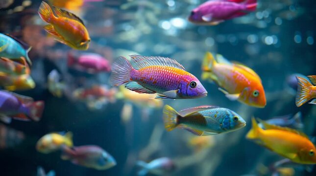 Vibrant cichlids swimming in blue aquarium water