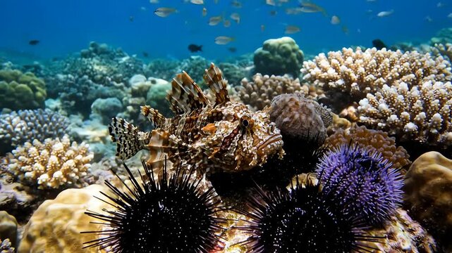 Scorpionfish and sea urchins resting on a vibrant coral reef ecosystem underwater