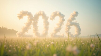 2026 Cloud Numbers in Soft Sky.Cloud-shaped &ldquo;2026&rdquo; in soft sky above flower field. Ideal for New Year, nature, and future-themed designs.