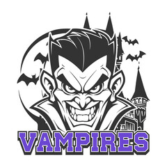 Logo Mascot Team Vampires with Castle and Bats in Background, Vector Illustration Design.