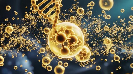 Advanced 3D animation showcasing a golden medical capsule splitting open to release a powerful burst of active ingredients revealing intricate DNA strands and complex molecular structures symbolizing.