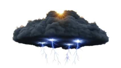Dark storm cloud with lightning strikes PNG isolated on transparent background, dramatic weather effect for compositing and design use
