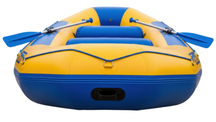 Blue and yellow inflatable raft with paddles isolated on transparent background, river rafting boat for outdoor adventure and recreation PNG