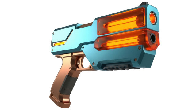 Futuristic laser gun PNG isolated on transparent background, sci-fi weapon with orange energy cells for gaming and design use