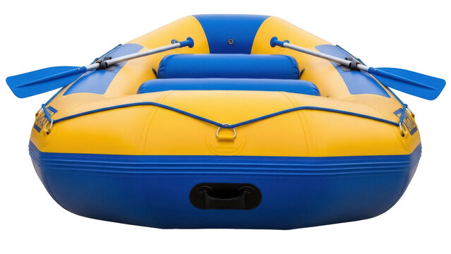 Blue and yellow inflatable raft with paddles isolated on transparent background, river rafting boat for outdoor adventure and recreation PNG