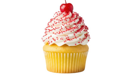 Delicious cupcake with cherry isolated PNG, sweet dessert with red sprinkles on transparent background for party and celebration designs