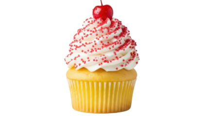 Delicious cupcake with cherry isolated PNG, sweet dessert with red sprinkles on transparent background for party and celebration designs