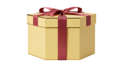 Elegant golden hexagon gift box with red ribbon isolated PNG, present for special occasions and celebrations on transparent background