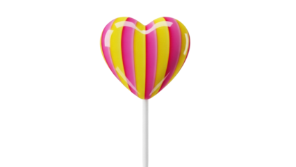 Heart-shaped lollipop with pink and yellow stripes isolated PNG, sweet candy treat for Valentine s Day and love-themed designs