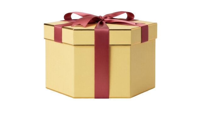 Elegant golden hexagon gift box with red ribbon isolated PNG, present for special occasions and celebrations on transparent background