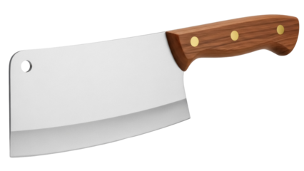 Meat cleaver PNG isolated on transparent background, butcher knife with wooden handle for cooking and food preparation