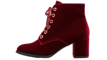 Elegant burgundy velvet ankle boot isolated PNG, fashionable footwear with block heel on transparent background