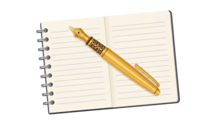 Gold fountain pen on open notebook isolated PNG, writing instrument for journaling and creative projects on transparent background