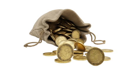 Bag of golden coins isolated PNG, overflowing with wealth and prosperity, ancient currency for finance, investment, and historical themes