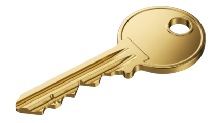 Golden key PNG isolated on transparent background, shiny metal object for security, access, and unlocking mechanisms