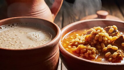 Traditional Rustic Clay Pottery Bowls with Hearty Bean Stew and Frothy Beverage on a Weathered Wooden Table Evoking Authentic Cultural Cuisine and Comforting Warmth.