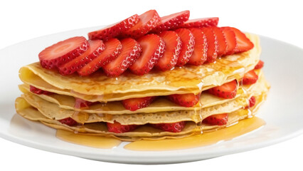 Stack of pancakes with fresh strawberries and syrup isolated PNG, delicious breakfast dessert on transparent background