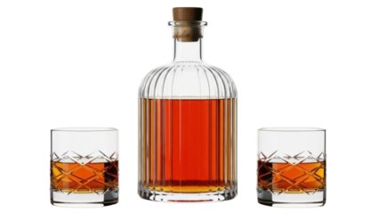 Whiskey decanter and two glasses with amber liquid isolated PNG, elegant glassware set for bar or home on transparent background