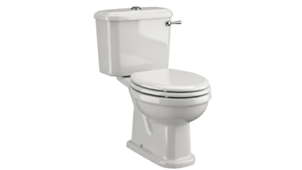 Classic white toilet isolated PNG on transparent background, bathroom fixture for plumbing and sanitary ware design projects