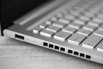 Close-up of gray keyboard and ports