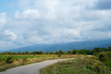 Countryside road meandering on the field towards mountains and white clouds on the sky in summer day in Transylvania, Romania