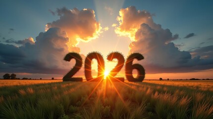 A scenic landscape featuring large &ldquo;2026&rdquo; numbers made of grass or foliage, standing upright in a field of tall grass during a glowing sunrise. 