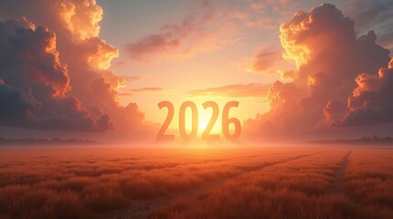 2026 Illuminated Numbers in Sunset Field.A visually striking landscape featuring large &ldquo;2026&rdquo; numbers illuminated by the warm glow of a dramatic sunset