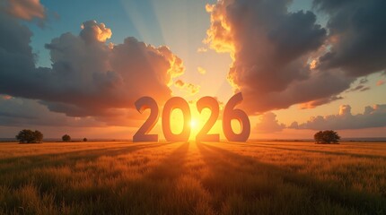 2026 Sunset Landscape with Glowing Horizon.A dramatic sunset landscape featuring large 3D numbers &ldquo;2026&rdquo; standing in a grassy field, illuminated by radiant golden light