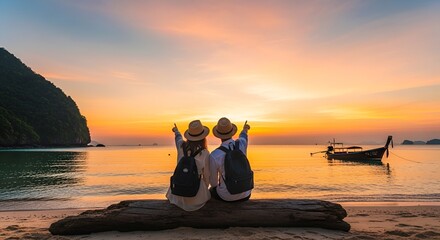 Couple sitting on a log at the beach watching sunset over ocean with boat