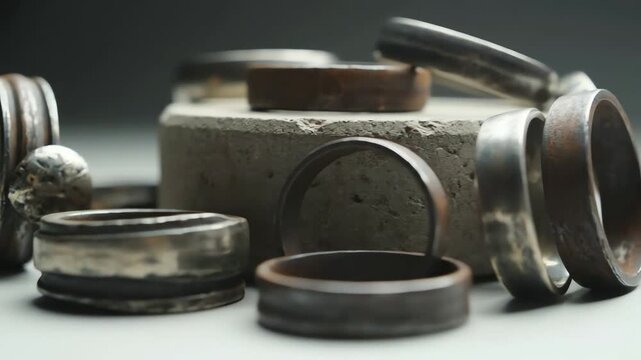 Close up of various handcrafted metal rings arranged artistically on a light surface with a concrete prop