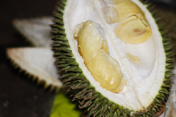 Fresh Opened Durian Fruit with Creamy Yellow Flesh