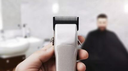 Barber holding electric hair clipper in modern salon setting for precision haircuts