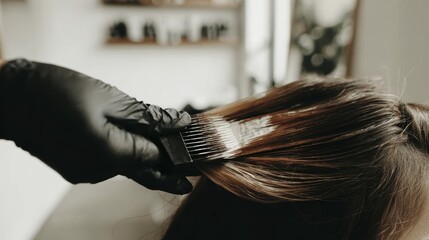 Naklejka premium Professional hair coloring with brush technique in modern salon setting