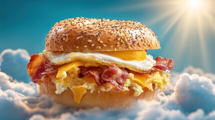 Delicious breakfast sandwich with egg bacon and cheese set against a cloudy sky