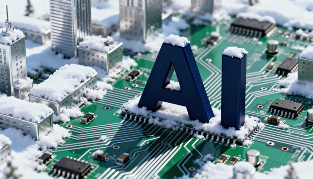 AI letters rise from a green circuit board dusted with snow and miniature buildings, merging technology and urban model imagery to suggest computing infrastructure, cold ambient conditions and hardwar