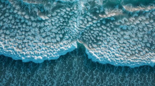Aerial view of crashing ocean waves with white foam and deep blue water