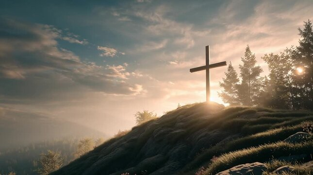 Silhouette of christian cross on grassy hill at sunrise or sunset with trees