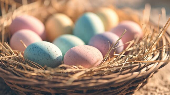 Pastel colored easter eggs nestled in straw in a wicker basket close up