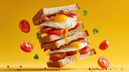 Stacked sandwich with egg tomato and bacon on yellow background