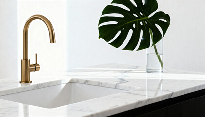 Kitchen sink with brass faucet rests on a white marble countertop beside a single monstera leaf in a glass vase, presented in a minimalist layout. Ample empty wall and counter space is available for t