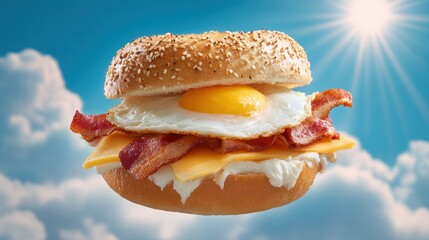 Delicious breakfast sandwich with egg bacon and cheese on a bagel against blue sky