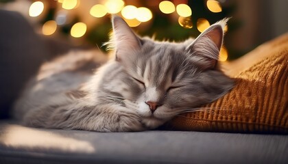 fluffy grey cat sleeping peacefully in cozy living room comfort and serenity