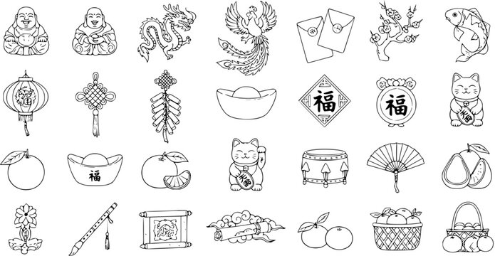 Chinese New Year and Asian Culture Line Art Icons Set - Festive Symbols, Traditional Good Fortune Elements, and Oriental Holiday Objects Vector Illustration