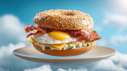 Delicious bagel sandwich with egg bacon and cheese on plate overhead view