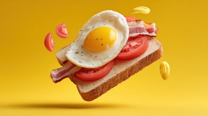 Breakfast sandwich with egg tomato and bacon on yellow background