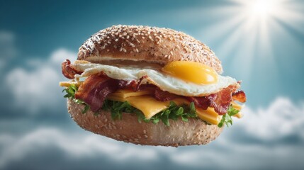 Delicious breakfast sandwich with egg bacon and cheese against a blue sky background